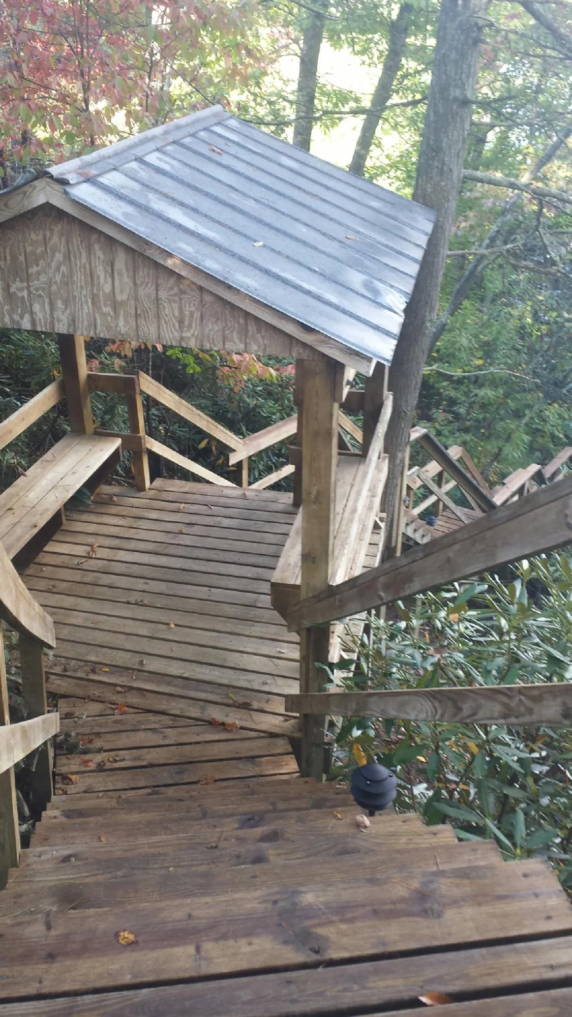 Metal roofed shelter over wooden steps on a wooded walkway — Skylight Repair & Installation work by our crew in Hallieford